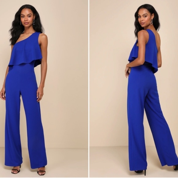 LULU's Sexy Chic Sophisticated Wedding Cocktail One Shoulder Wide Leg Jumpsuit - Picture 5 of 5